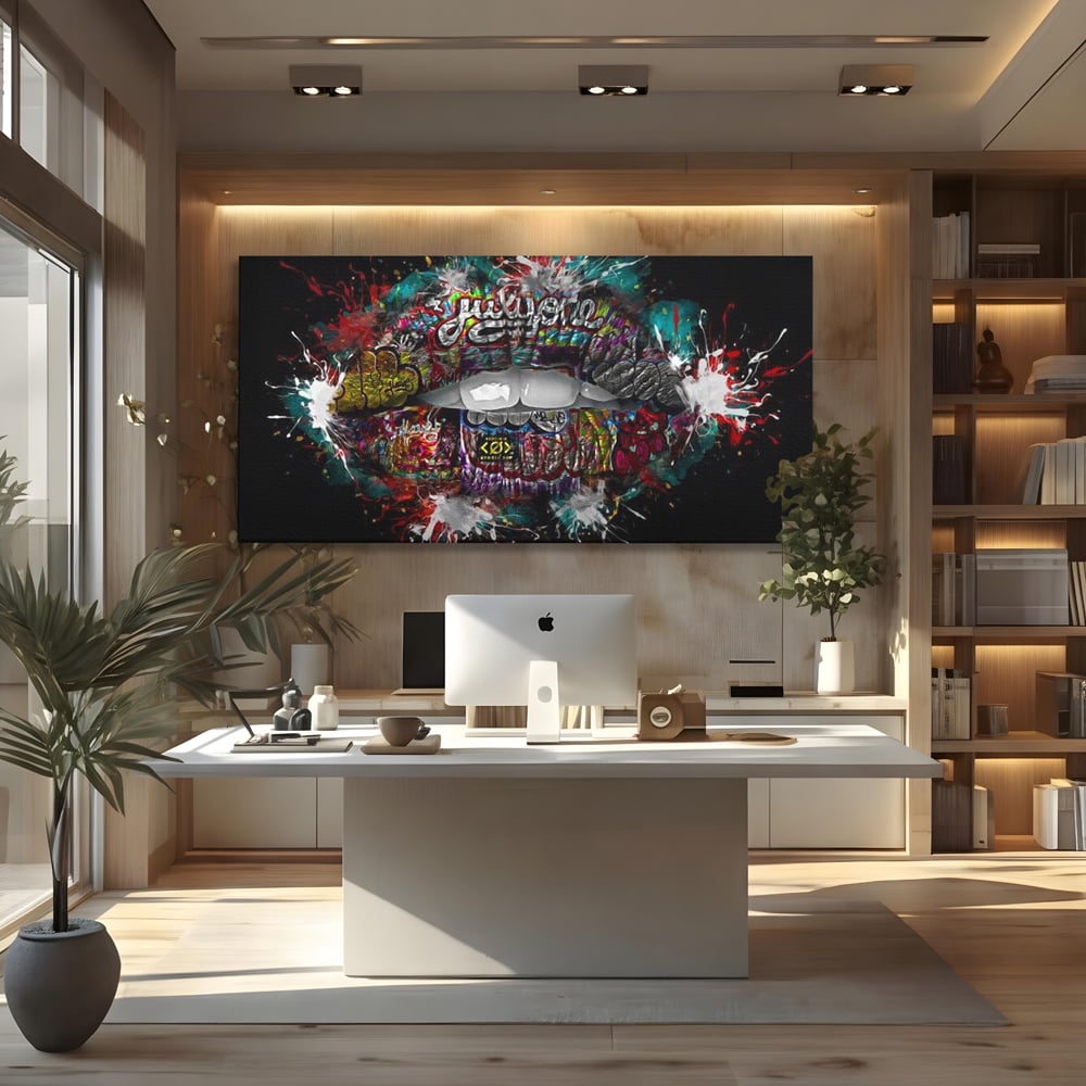 Tablou canvas cu tablou canvas cu buze grafitti, fara rama, pe sasiu de lemn, pe perete intr-un birou